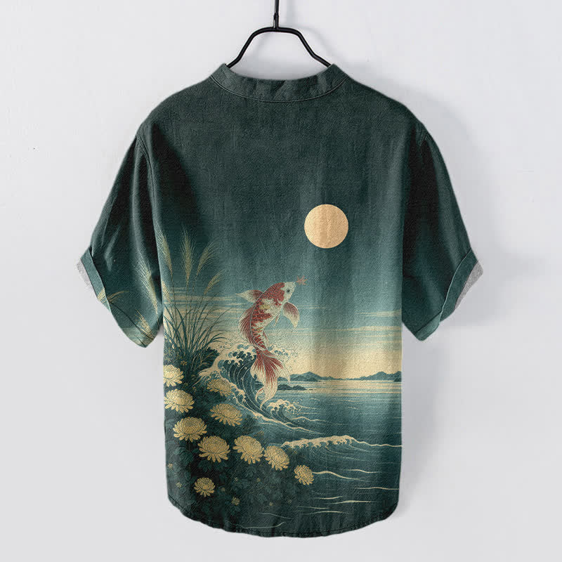 Buddha Stones Cotton Koi Fish Wave Moon Pattern Men's Short Sleeve Half Button Shirt - image 8