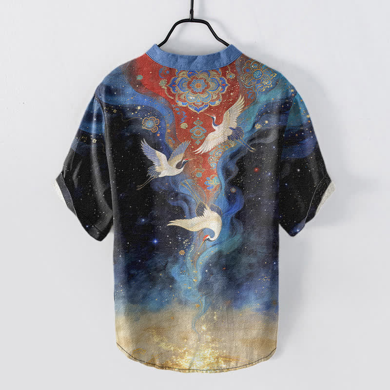 Buddha Stones Cotton White Crane Cloudscape Pattern Men's Short Sleeve Half Button Shirt - image 1