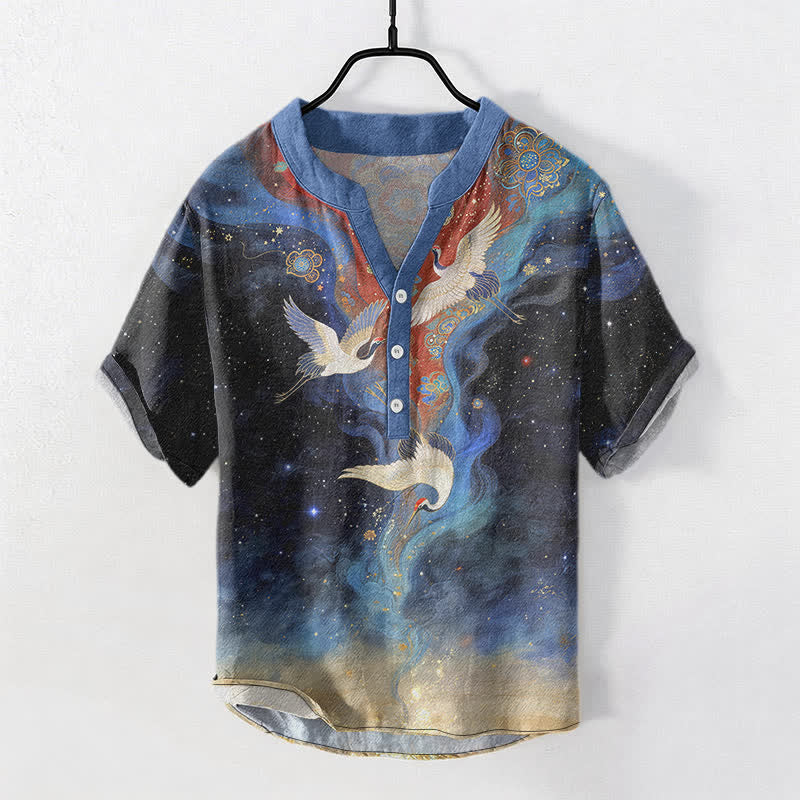 Buddha Stones Cotton White Crane Cloudscape Pattern Men's Short Sleeve Half Button Shirt - Navy - US/UK/AU50,EU60 (5XL) - image 0