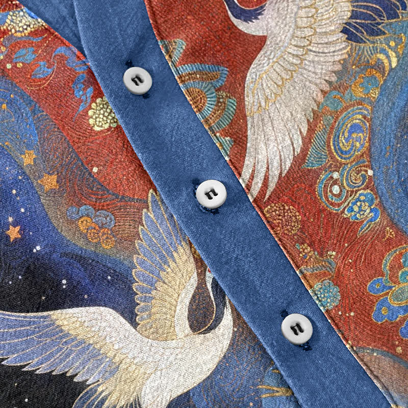 Buddha Stones Cotton White Crane Cloudscape Pattern Men's Short Sleeve Half Button Shirt - image 3
