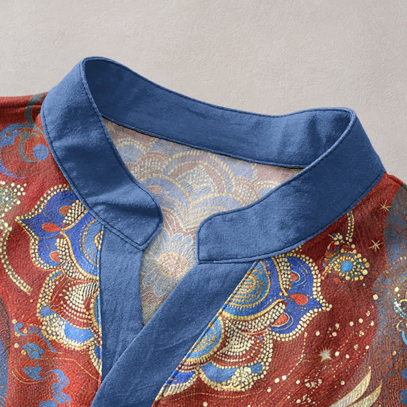 Buddha Stones Cotton White Crane Cloudscape Pattern Men's Short Sleeve Half Button Shirt - image 2