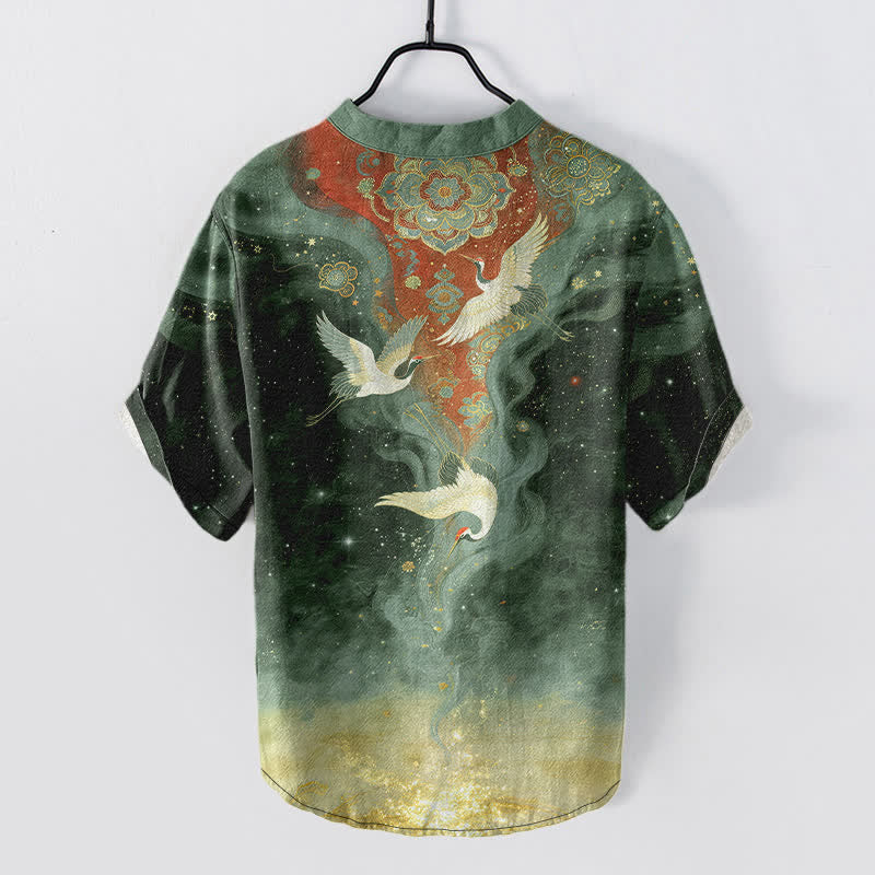 Buddha Stones Cotton White Crane Cloudscape Pattern Men's Short Sleeve Half Button Shirt - image 6