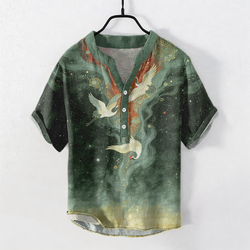 Buddha Stones Cotton White Crane Cloudscape Pattern Men's Short Sleeve Half Button Shirt - ForestGreen - US/UK/AU50,EU60 (5XL) - image 5