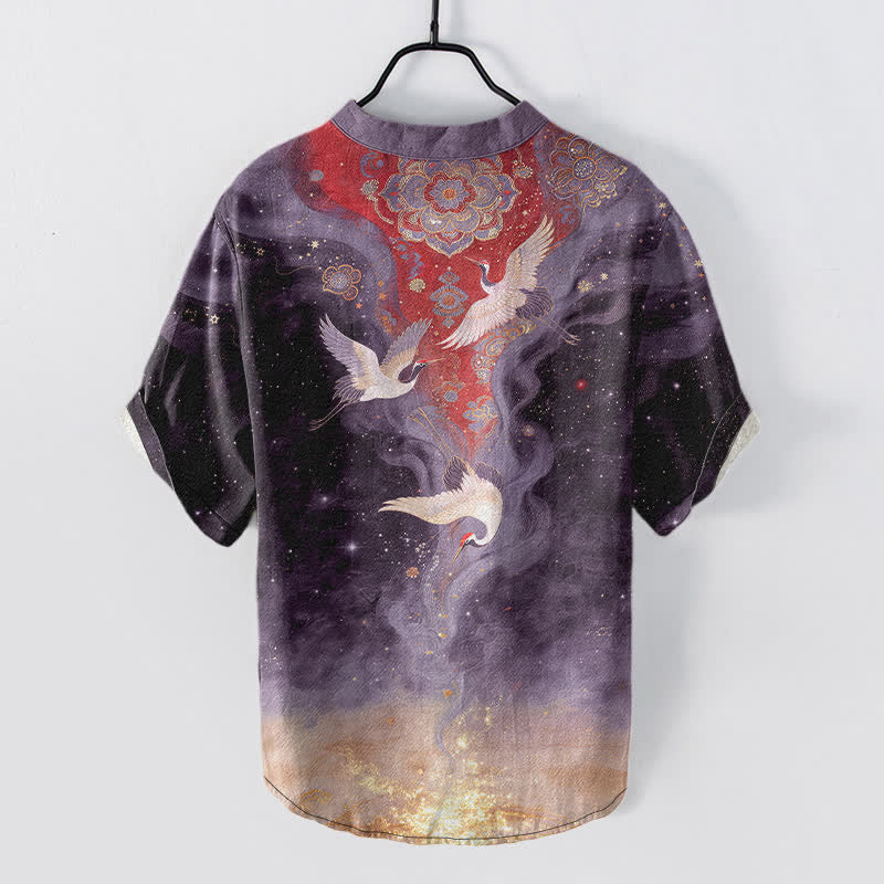 Buddha Stones Cotton White Crane Cloudscape Pattern Men's Short Sleeve Half Button Shirt - image 8