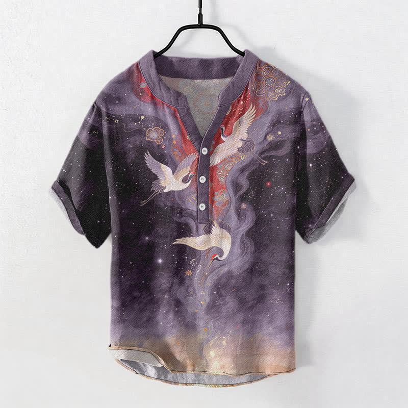 Buddha Stones Cotton White Crane Cloudscape Pattern Men's Short Sleeve Half Button Shirt - Purple - US/UK/AU50,EU60 (5XL) - image 7