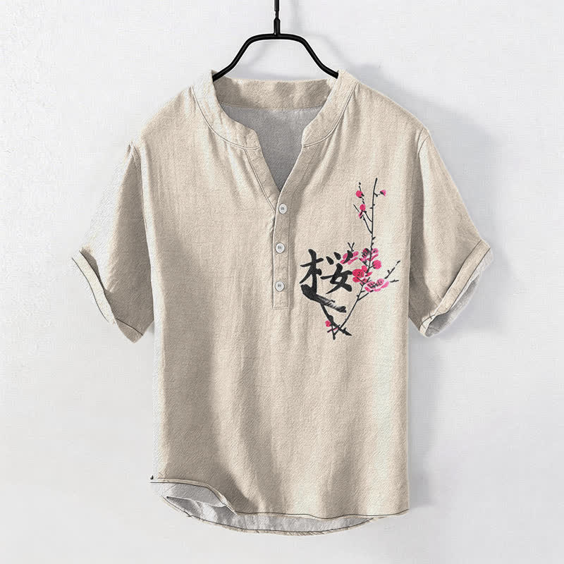 Buddha Stones Cotton Plum Blossom Calligraphy Pattern Men's Short Sleeve Half Button Shirt - Beige - US/UK/AU50,EU60 (5XL) - image 0