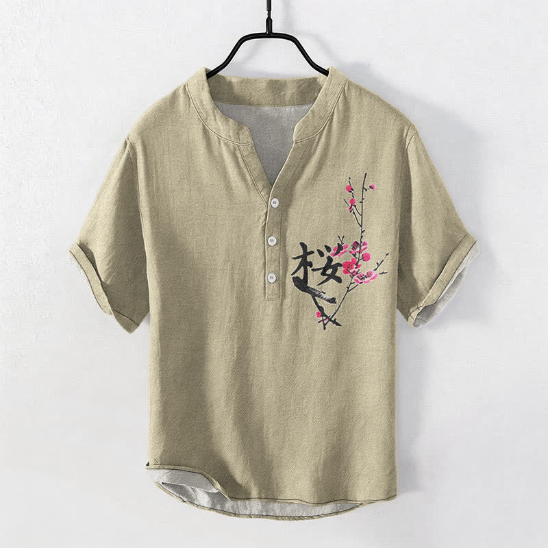 Buddha Stones Cotton Plum Blossom Calligraphy Pattern Men's Short Sleeve Half Button Shirt - Khaki - US/UK/AU50,EU60 (5XL) - image 5