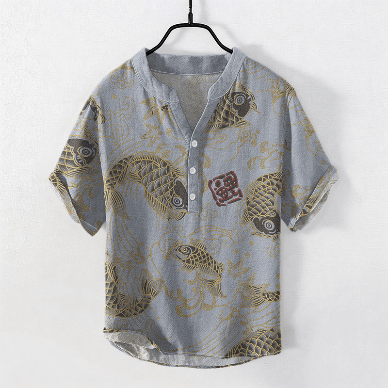Buddha Stones Cotton Vintage Koi Wave Pattern Men's Short Sleeve Half Button Shirt - LightSteelBlue - US/UK/AU50,EU60 (5XL) - image 5