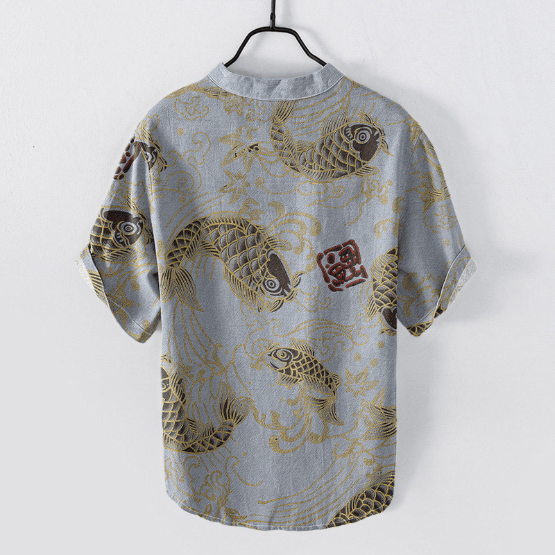 Buddha Stones Cotton Vintage Koi Wave Pattern Men's Short Sleeve Half Button Shirt - image 6