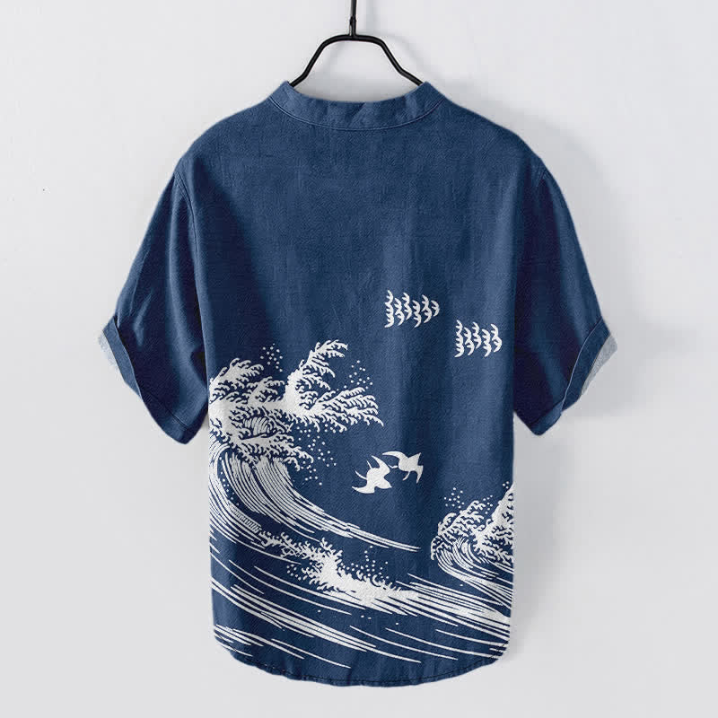 Buddha Stones Cotton Ocean Wave Bird Pattern Men's Short Sleeve Half Button Shirt - image 1