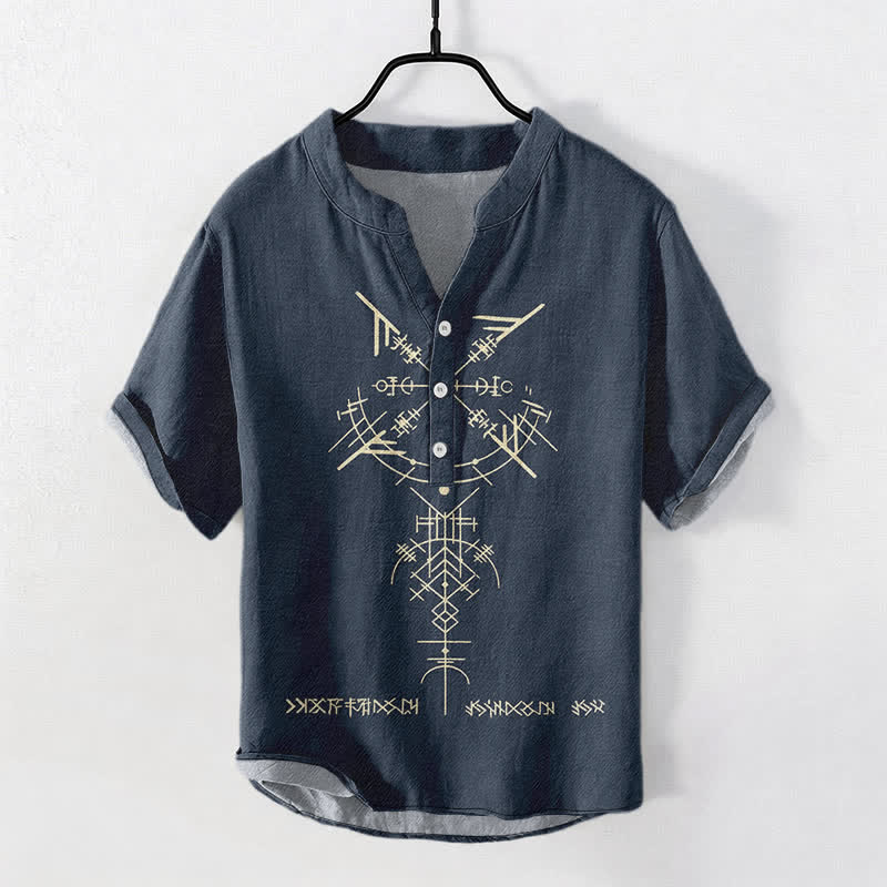 Buddha Stones Cotton Tribal Geometric Rune Pattern Men's Short Sleeve Half Button Shirt - Navy - US/UK/AU50,EU60 (5XL) - image 0