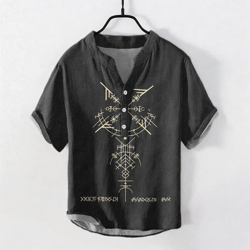 Buddha Stones Cotton Tribal Geometric Rune Pattern Men's Short Sleeve Half Button Shirt - Black - US/UK/AU50,EU60 (5XL) - image 5