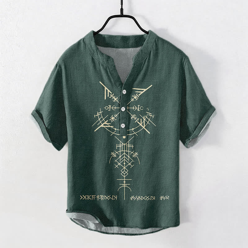Buddha Stones Cotton Tribal Geometric Rune Pattern Men's Short Sleeve Half Button Shirt - DarkGreen - US/UK/AU50,EU60 (5XL) - image 7