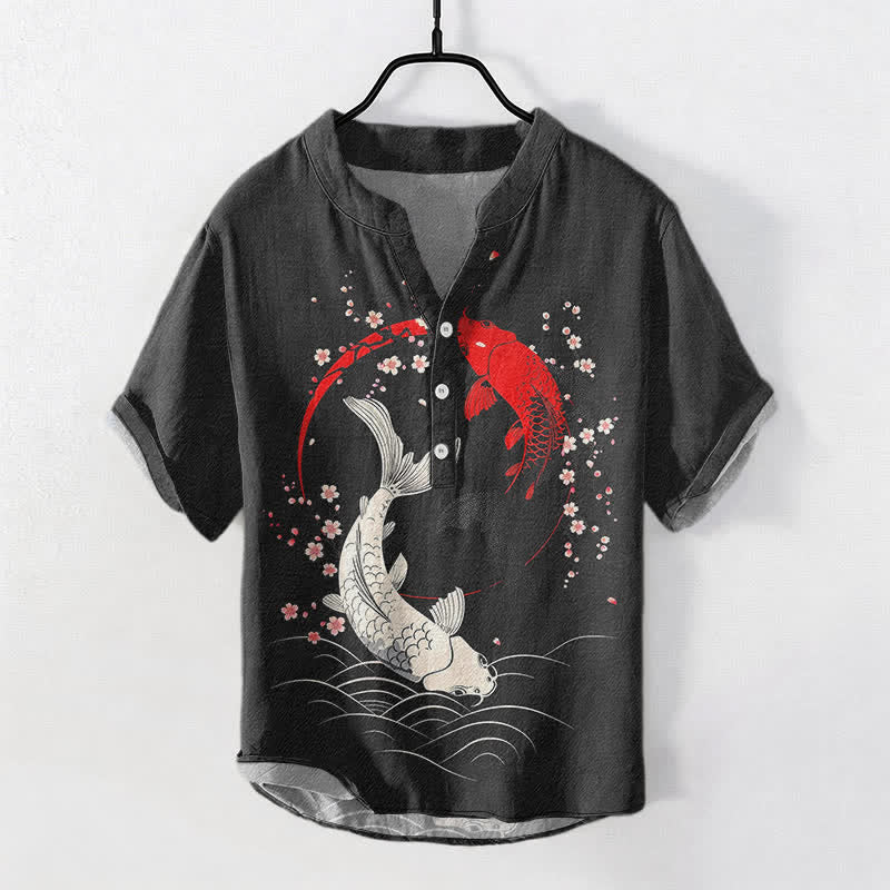 Buddha Stones Cotton Twin Koi Sakura Pattern Men's Short Sleeve Half Button Shirt - Black - US/UK/AU50,EU60 (5XL) - image 0