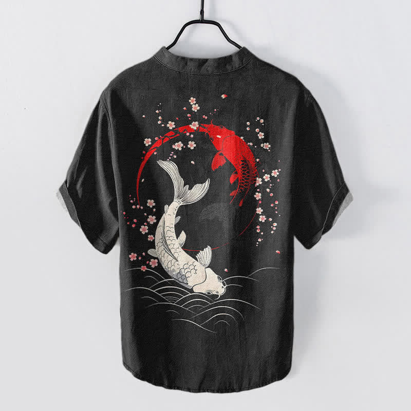 Buddha Stones Cotton Twin Koi Sakura Pattern Men's Short Sleeve Half Button Shirt - image 1