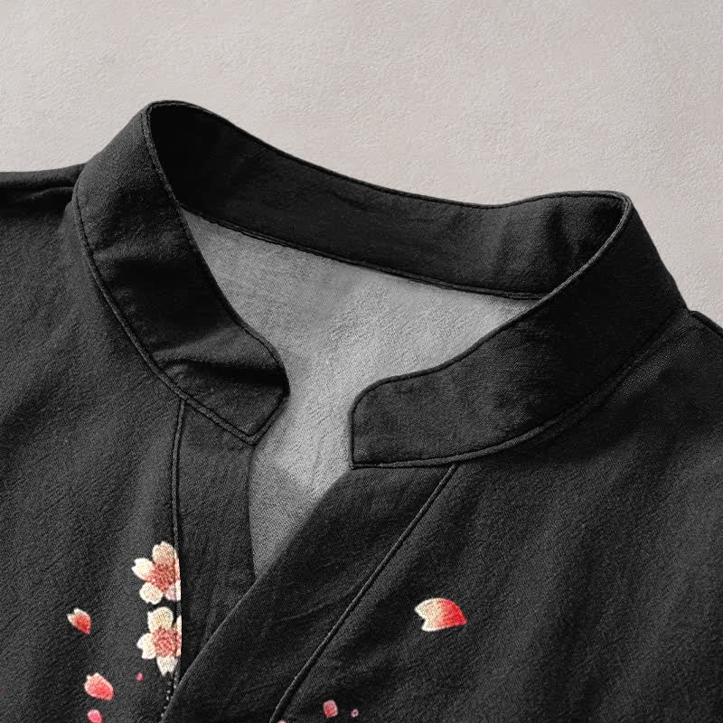Buddha Stones Cotton Twin Koi Sakura Pattern Men's Short Sleeve Half Button Shirt - image 2