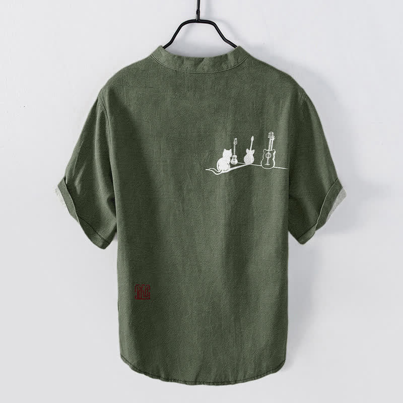 Buddha Stones Cotton Cat Guitar Sketch Pattern Men's Short Sleeve Half Button Shirt - image 8