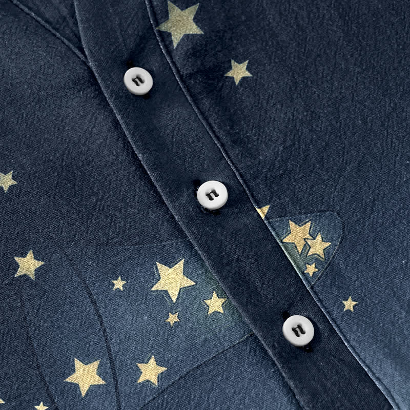 Buddha Stones Cotton Gradient Cat and Stars Pattern Men's Short Sleeve Half Button Shirt - image 3