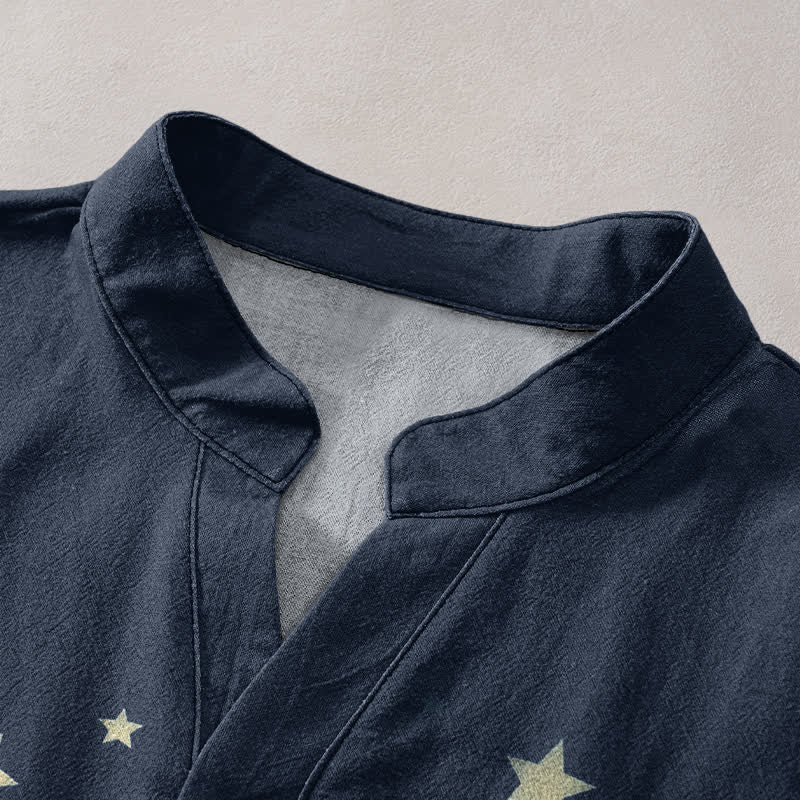 Buddha Stones Cotton Gradient Cat and Stars Pattern Men's Short Sleeve Half Button Shirt - image 2