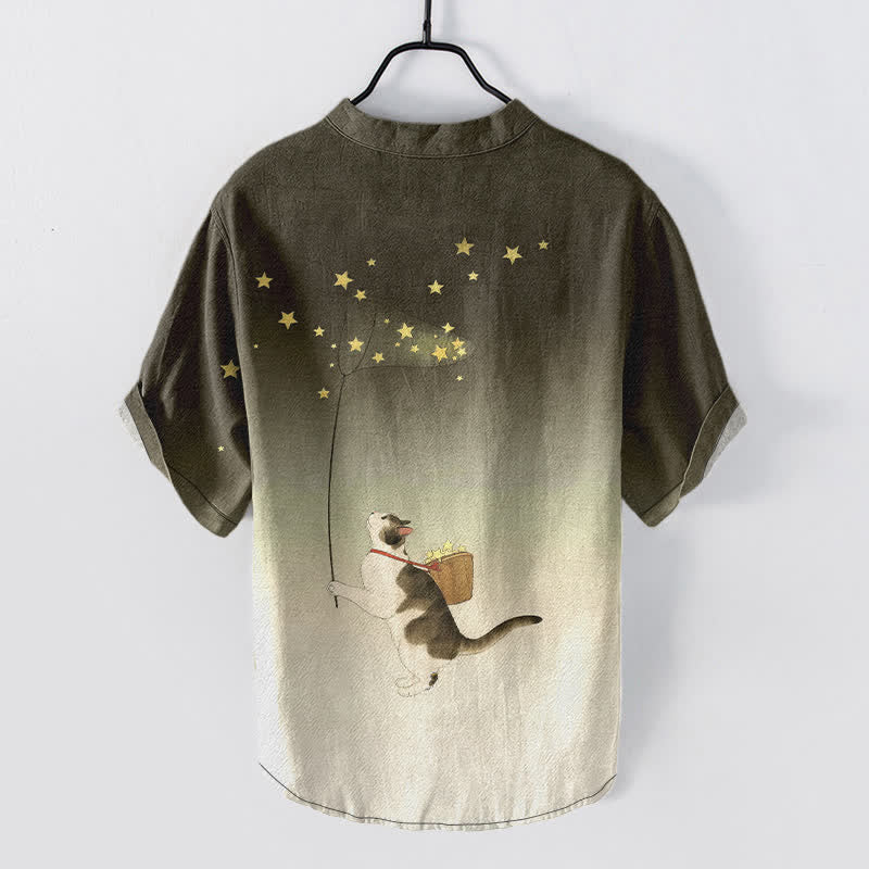 Buddha Stones Cotton Gradient Cat and Stars Pattern Men's Short Sleeve Half Button Shirt - image 6