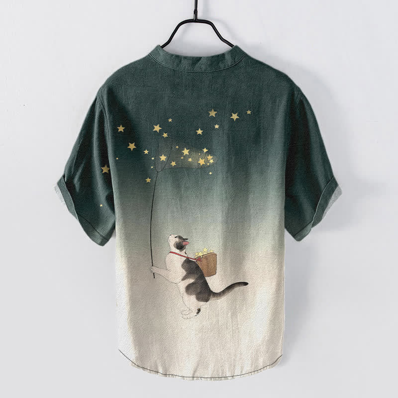 Buddha Stones Cotton Gradient Cat and Stars Pattern Men's Short Sleeve Half Button Shirt - image 8