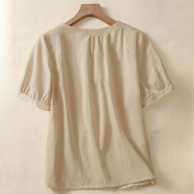 Buddha Stones Casual Women's Plain Crew Neck Button Design Half Sleeve Shirt - image 1