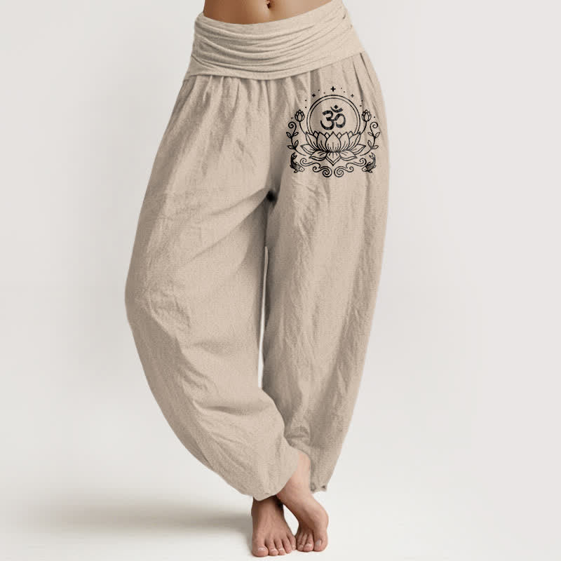 Buddha Stones Pure Cotton Sacred Lotus Om Pattern Women's Elastic Waist Harem Pants - Tan - US16,UK/AU20,EU48 (3XL) - image 11