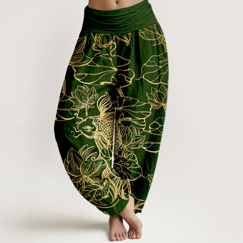 Buddha Stones Cotton Lotus Pond Fish Pattern Women's Elastic Waist Harem Pants - DarkGreen - US16,UK/AU20,EU48 (3XL) - image 0
