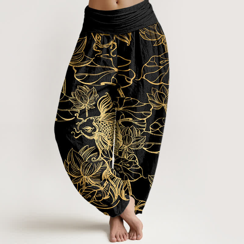 Buddha Stones Cotton Lotus Pond Fish Pattern Women's Elastic Waist Harem Pants - Black - US16,UK/AU20,EU48 (3XL) - image 5