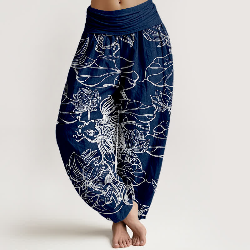 Buddha Stones Cotton Lotus Pond Fish Pattern Women's Elastic Waist Harem Pants - Navy - US16,UK/AU20,EU48 (3XL) - image 8