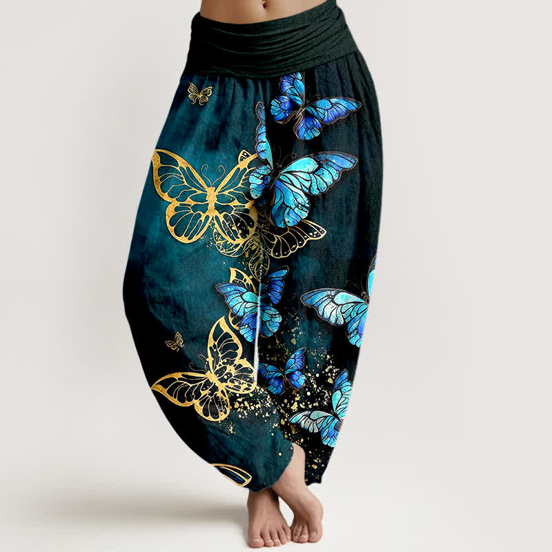 Buddha Stones Cotton Artistic Butterfly Glow Pattern Women's Elastic Waist Harem Pants - Teal - US16,UK/AU20,EU48 (3XL) - image 0