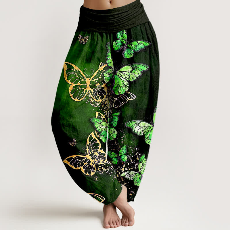 Buddha Stones Cotton Artistic Butterfly Glow Pattern Women's Elastic Waist Harem Pants - ForestGreen - US16,UK/AU20,EU48 (3XL) - image 5