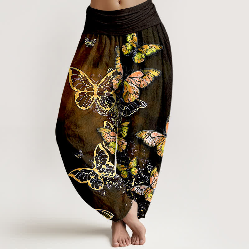 Buddha Stones Cotton Artistic Butterfly Glow Pattern Women's Elastic Waist Harem Pants - DarkGoldenrod - US16,UK/AU20,EU48 (3XL) - image 8