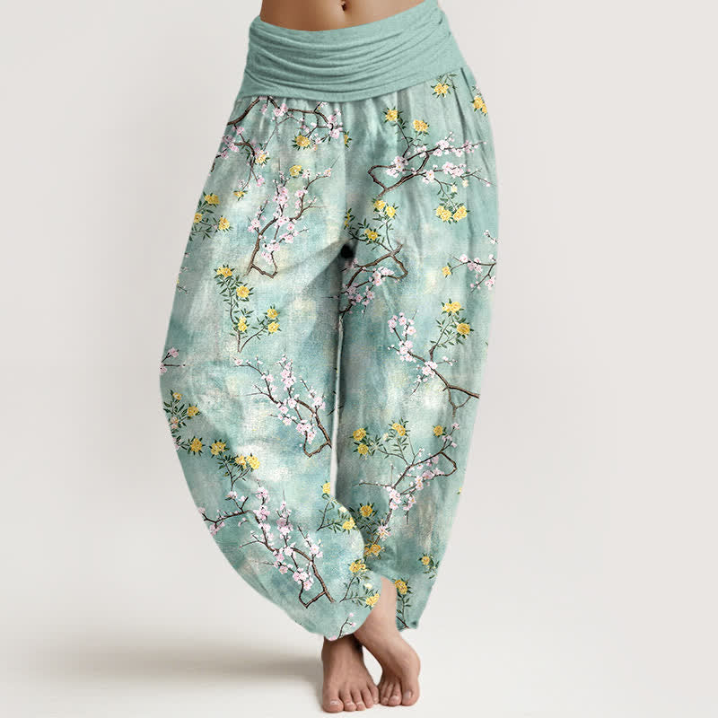 Buddha Stones Cotton Botanical Floral Branch Pattern Women's Elastic Waist Harem Pants - Aquamarine - US16,UK/AU20,EU48 (3XL) - image 0