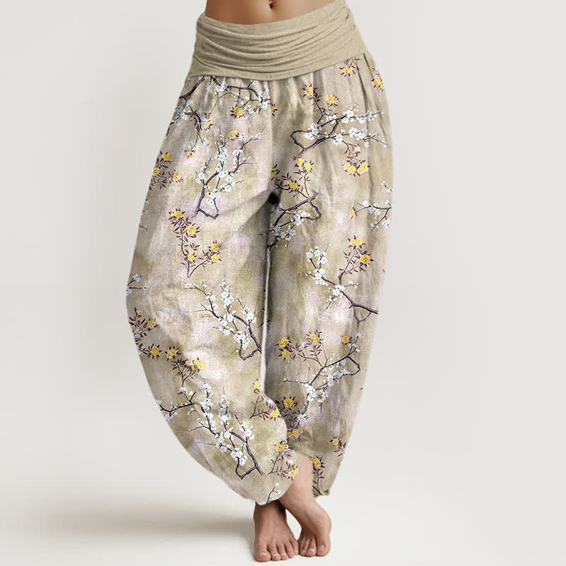 Buddha Stones Cotton Botanical Floral Branch Pattern Women's Elastic Waist Harem Pants - PaleGoldenrod - US16,UK/AU20,EU48 (3XL) - image 8
