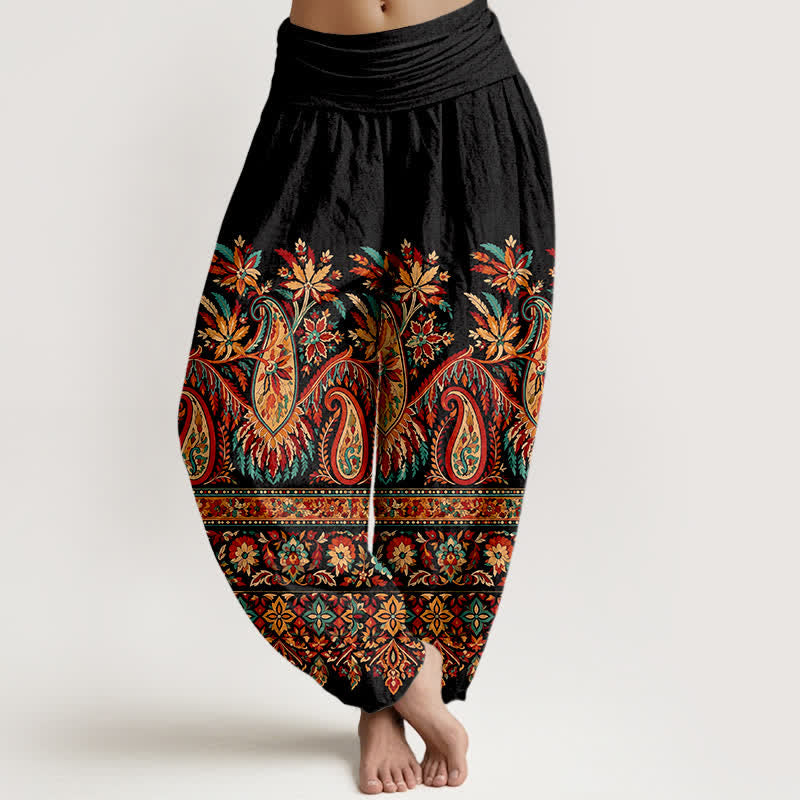 Buddha Stones Cotton Ethnic Paisley Bloom Pattern Women's Elastic Waist Harem Pants - Black - US16,UK/AU20,EU48 (3XL) - image 0