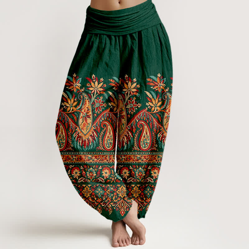 Buddha Stones Cotton Ethnic Paisley Bloom Pattern Women's Elastic Waist Harem Pants - ForestGreen - US16,UK/AU20,EU48 (3XL) - image 5