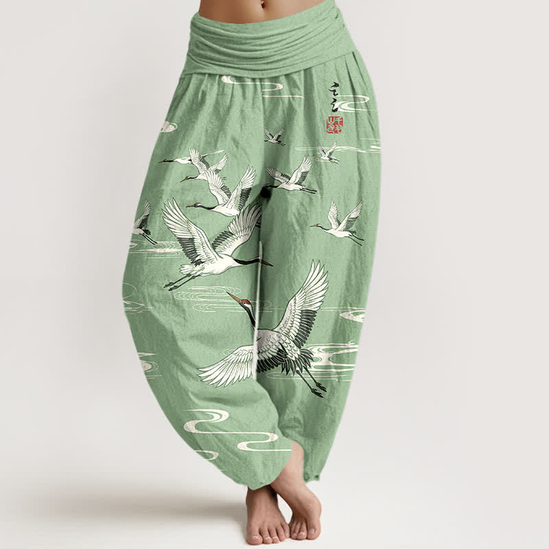 Buddha Stones Cotton Oriental Crane Wave Pattern Women's Elastic Waist Harem Pants - PaleGreen - US16,UK/AU20,EU48 (3XL) - image 0