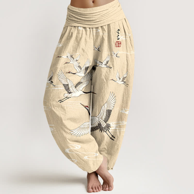 Buddha Stones Cotton Oriental Crane Wave Pattern Women's Elastic Waist Harem Pants - LemonChiffon - US16,UK/AU20,EU48 (3XL) - image 5