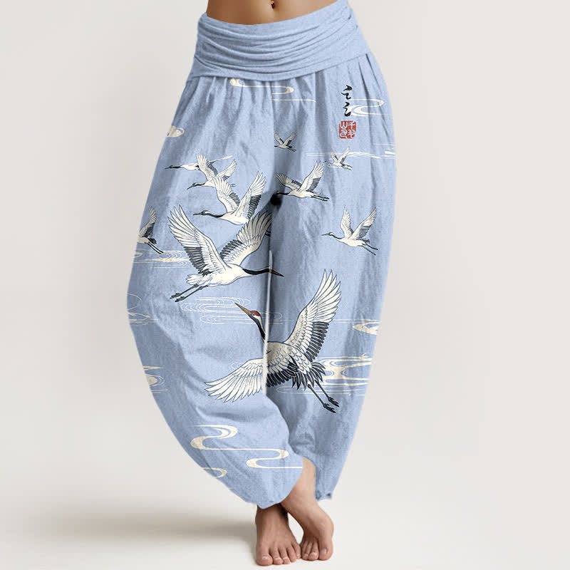 Buddha Stones Cotton Oriental Crane Wave Pattern Women's Elastic Waist Harem Pants - LightBlue - US16,UK/AU20,EU48 (3XL) - image 8