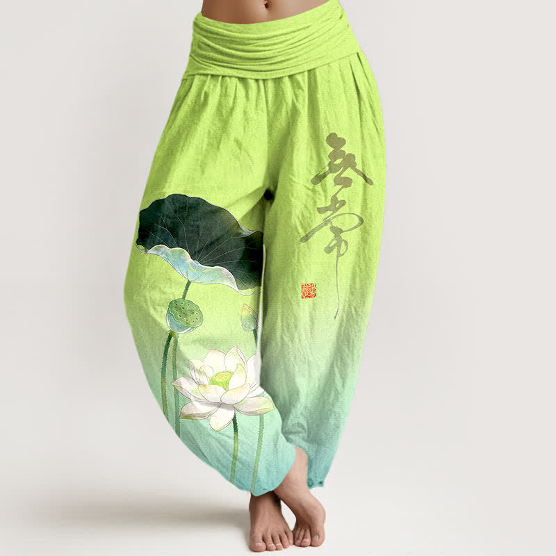 Buddha Stones Cotton Elegant Lotus Flower Pattern Women's Elastic Waist Harem Pants - Turquoise - US16,UK/AU20,EU48 (3XL) - image 5