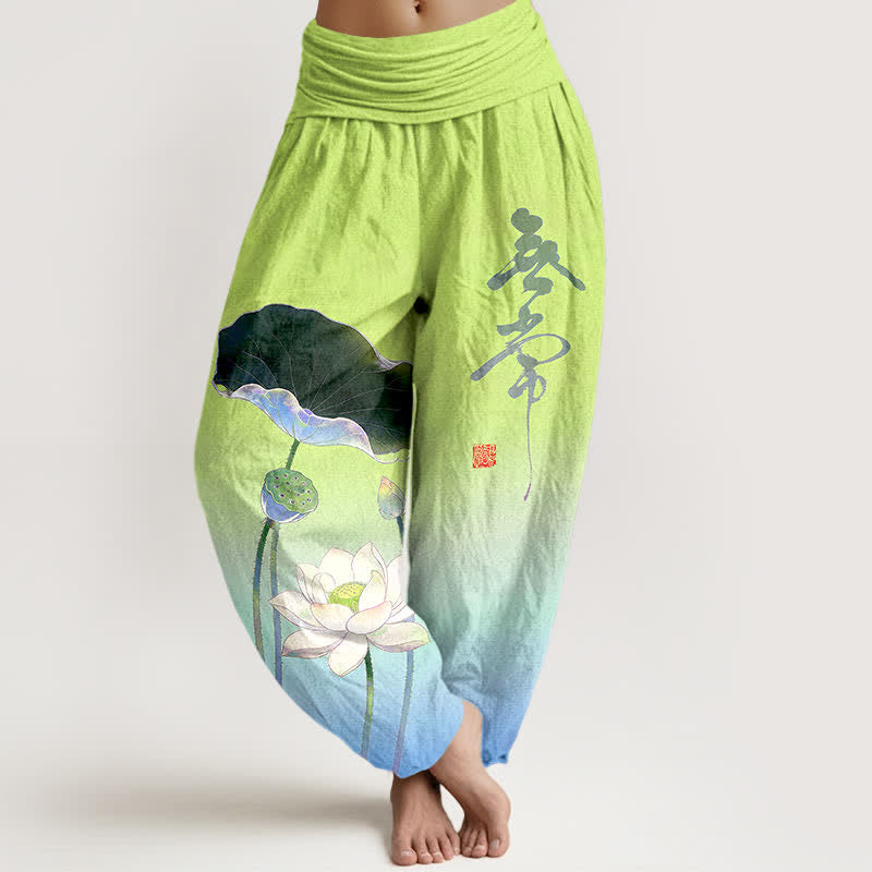 Buddha Stones Cotton Elegant Lotus Flower Pattern Women's Elastic Waist Harem Pants - DeepSkyBlue - US16,UK/AU20,EU48 (3XL) - image 8