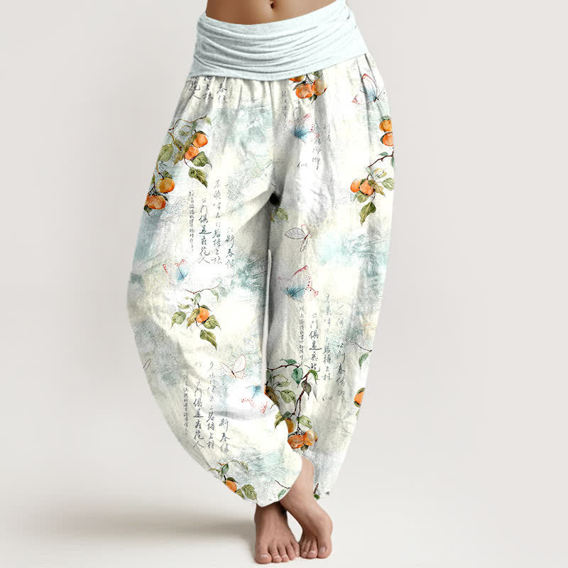 Buddha Stones Cotton Ink Calligraphy Citrus Butterfly Pattern Women's Elastic Waist Harem Pants - LightCyan - US16,UK/AU20,EU48 (3XL) - image 0