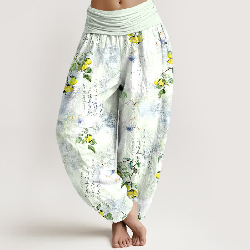 Buddha Stones Cotton Ink Calligraphy Citrus Butterfly Pattern Women's Elastic Waist Harem Pants - Honeydew - US16,UK/AU20,EU48 (3XL) - image 8
