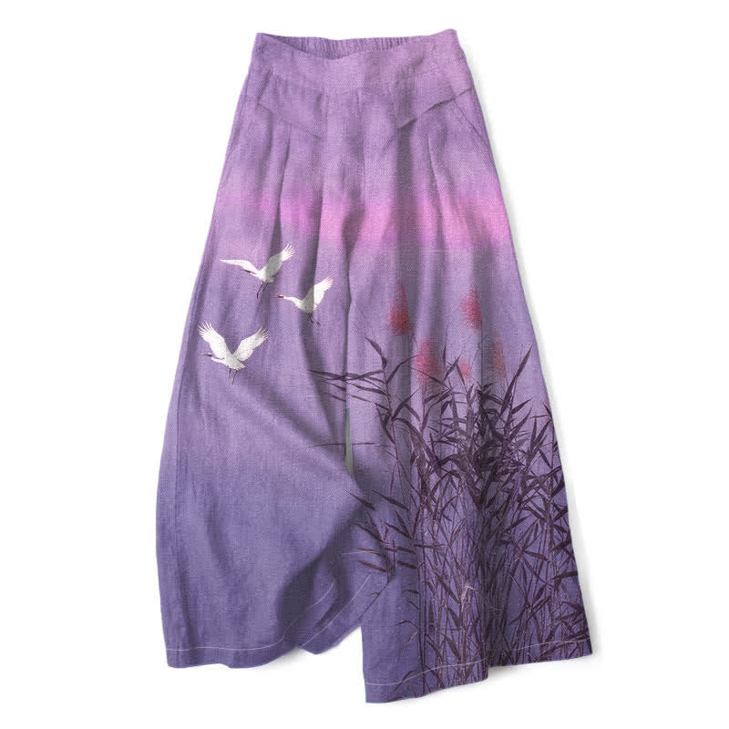 Buddha Stones Cotton Linen Gradient Crane Reed Pattern Women's Elastic Waist Wide Leg Pants With Pockets - MediumPurple - US16,UK/AU20,EU48 (3XL) - image 6