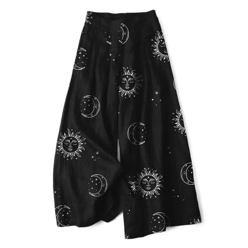 Buddha Stones Cotton Linen Celestial Sun Moon Pattern Women's Elastic Waist Wide Leg Pants With Pockets - Black - US16,UK/AU20,EU48 (3XL) - image 0
