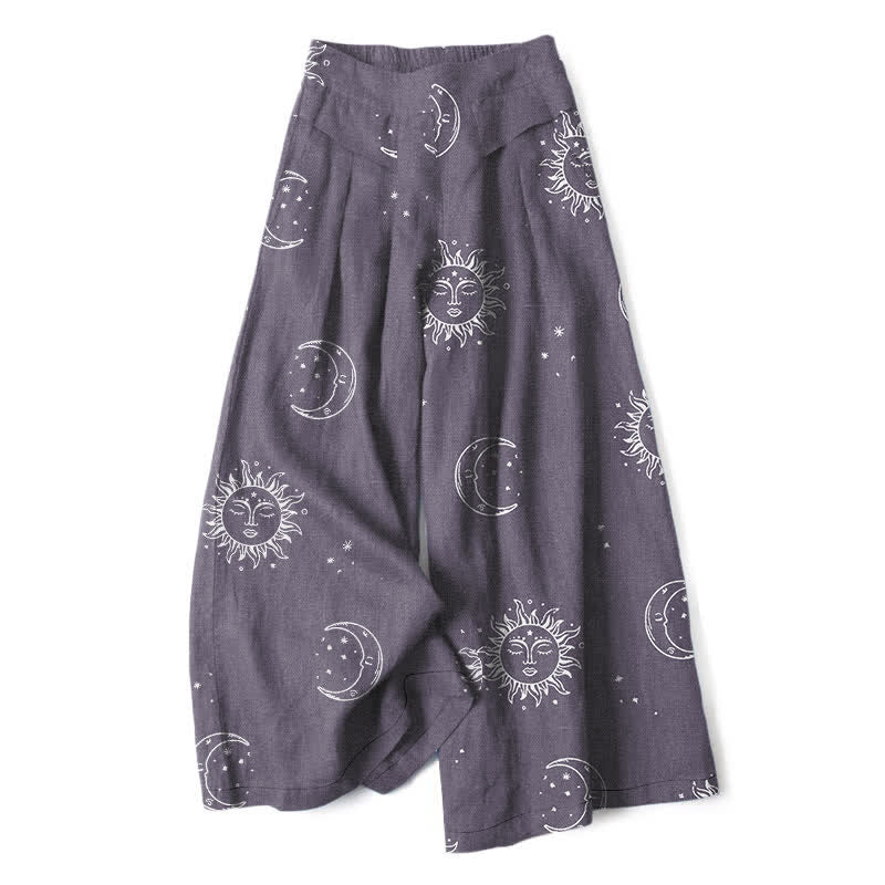 Buddha Stones Cotton Linen Celestial Sun Moon Pattern Women's Elastic Waist Wide Leg Pants With Pockets - SlateGray - US16,UK/AU20,EU48 (3XL) - image 4
