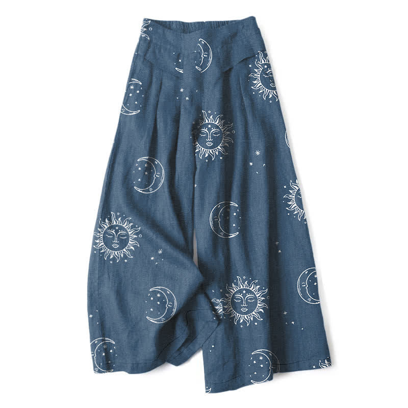 Buddha Stones Cotton Linen Celestial Sun Moon Pattern Women's Elastic Waist Wide Leg Pants With Pockets - SteelBlue - US16,UK/AU20,EU48 (3XL) - image 6