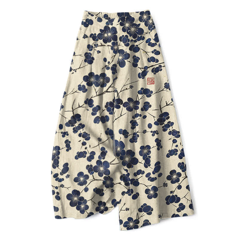 Buddha Stones Cotton Linen Vintage Indigo Floral Pattern Women's Elastic Waist Wide Leg Pants With Pockets - Beige - US16,UK/AU20,EU48 (3XL) - image 0