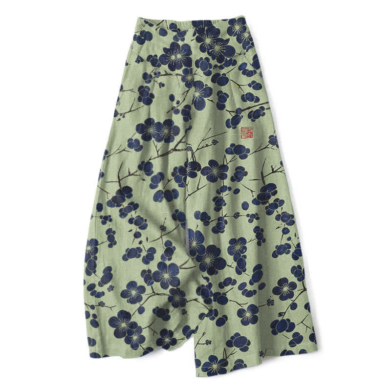 Buddha Stones Cotton Linen Vintage Indigo Floral Pattern Women's Elastic Waist Wide Leg Pants With Pockets - PaleGreen - US16,UK/AU20,EU48 (3XL) - image 6